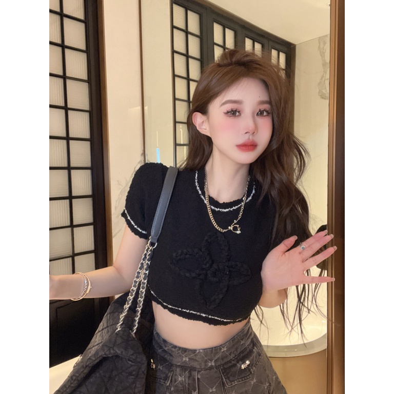 Áo Croptop Dệt Kim Tay Ngắn Cổ Tròn Dáng Ôm In Họa Tiết Thời Trang Mùa Hè Hàn Quốc Quyến Rũ Cho Nữ