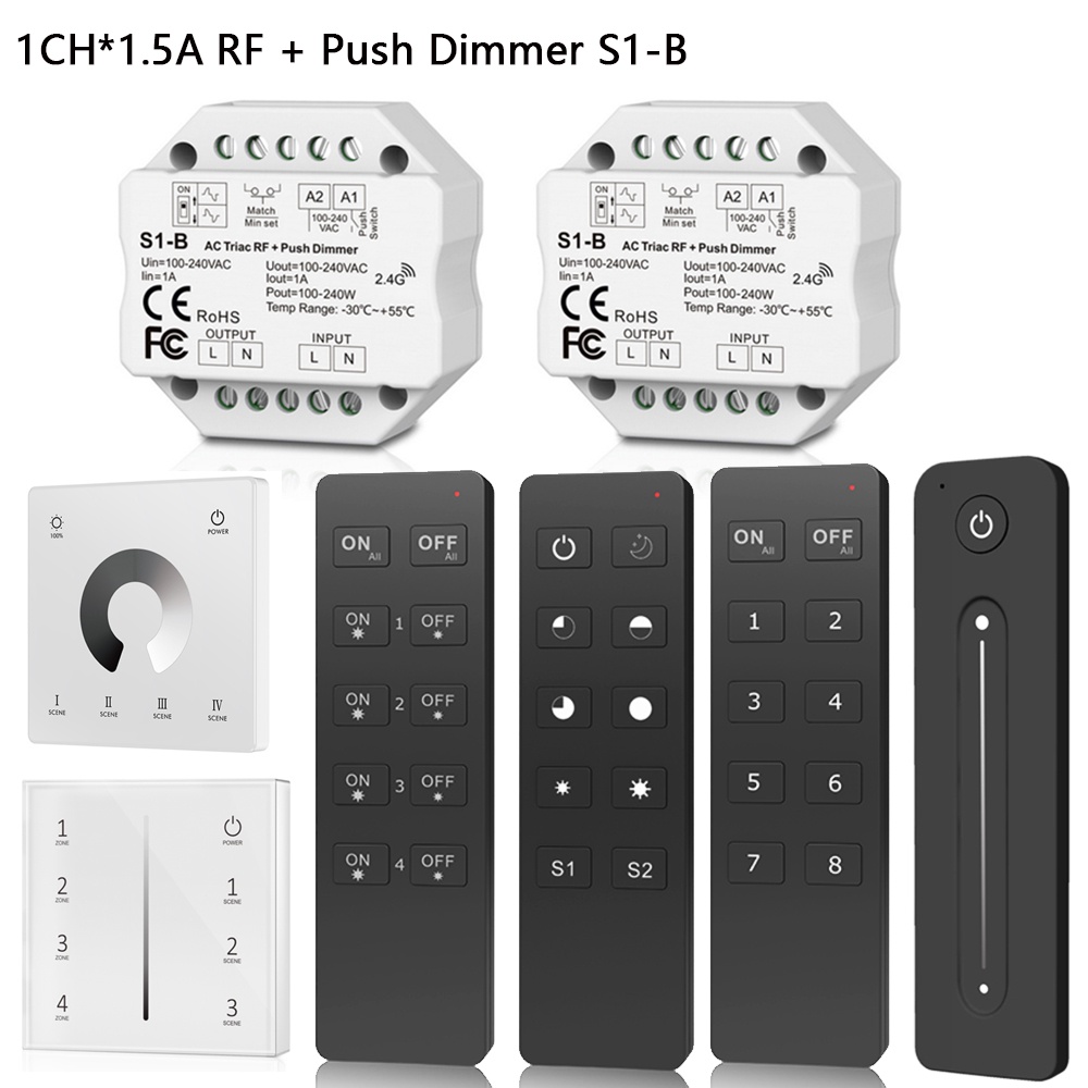 S1-B LED Dimmer Switch 110V 220V 230V AC Triac LED Push Dimmer 2.4GRF Wall Touch Remote Control for Single Color Lamp Bulb Light