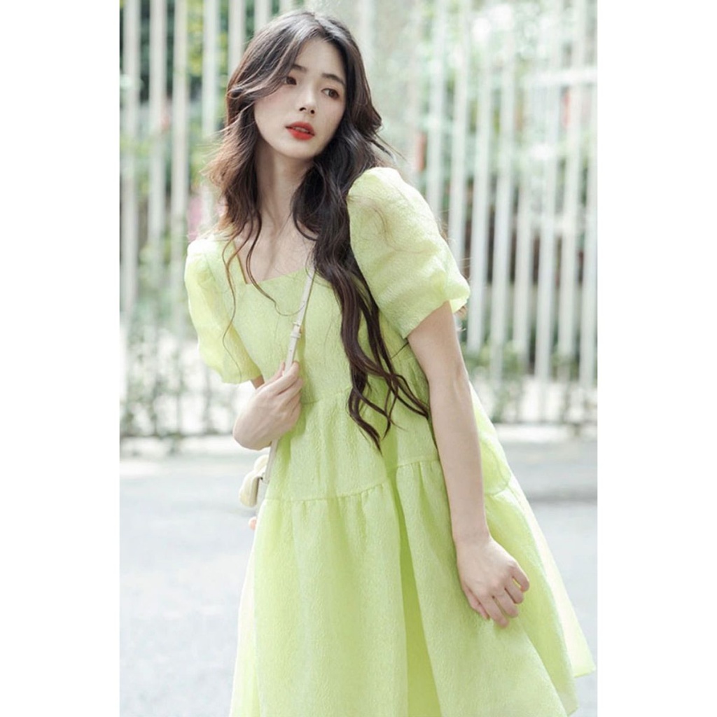 Ru Đầm Công Chúa Tay Phồng Màu Trà Xanh Lá Mùa Hè Phong Cách Pháp Ngọt Ngào Siêu Thơ Mộng Cho Nữ