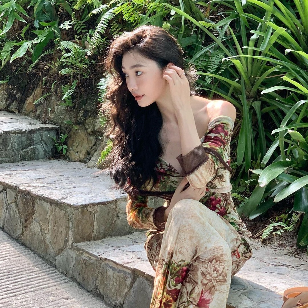 Weird Puss Đầm Midi Tay Dài Trễ Vai Ôm Dáng In Họa Tiết Hoa Thanh Lịch Cổ Điển Quyến Rũ Cho Nữ