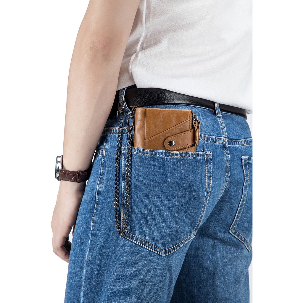 Ví Da Nam Gập Đôi Có Khóa Kéo Và Dây Xích Chống Trộm