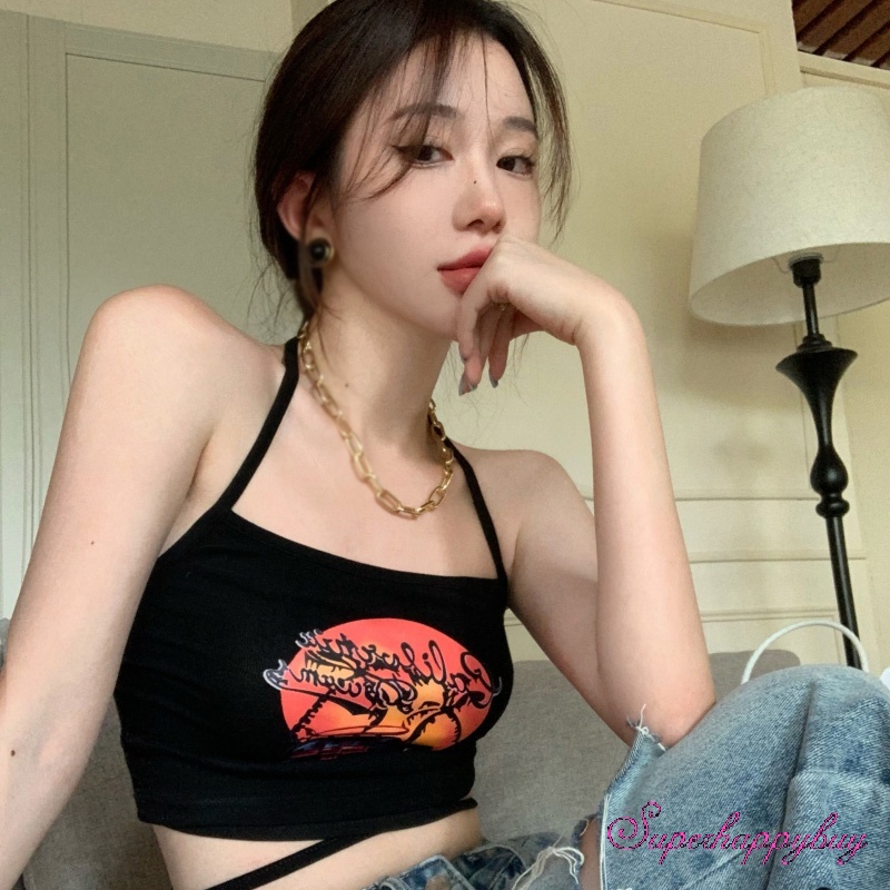 Áo Yếm Lửng Hai Dây Có Đệm Ngực In Họa Tiết Phong Cách Mỹ Dành Cho Nữ