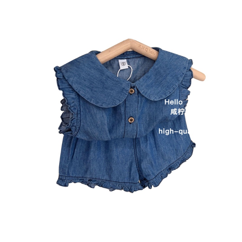 Bộ Áo Sơ Mi + Quần Short Denim Không Tay Thời Trang Mùa Hè Hàn Quốc 2023 Dành Cho Bé Gái