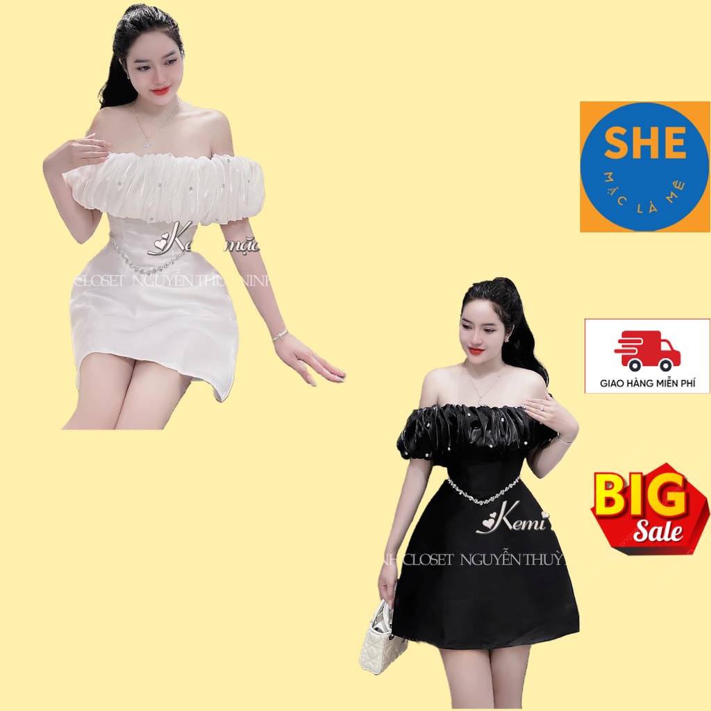Váy Trắng Trễ Vai Công Chúa Đính Đá Bèo Tơ Khâu Eo Dây Pha Lê Đầm Xòe Bẹt Vai Chất Tafta Cao Cấp Chuẩn Form Nữ ( SHE )