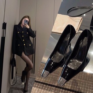  Pu Caiying rose same black patent leather high-heeled shoes year metal square-toe thin heel single shoes for women BP0J 