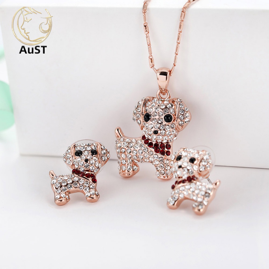 1 Bộ Vòng cổ + Bông Tai Thời Trang Hình Cún Con Đính Đá Lấp Lánh