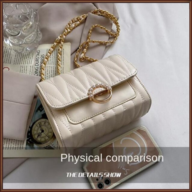 Túi Đeo Chéo Da Pu Khóa Nam Châm Đính Ngọc Trai Giả Phối Dây Xích Thời Trang Dự Tiệc Sang Trọng Cho Nữ