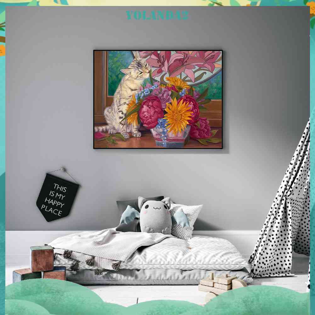 Tranh Đính Đá Kim Cương Toàn Bộ 5D DIY Hình Vẽ Mèo Hoa