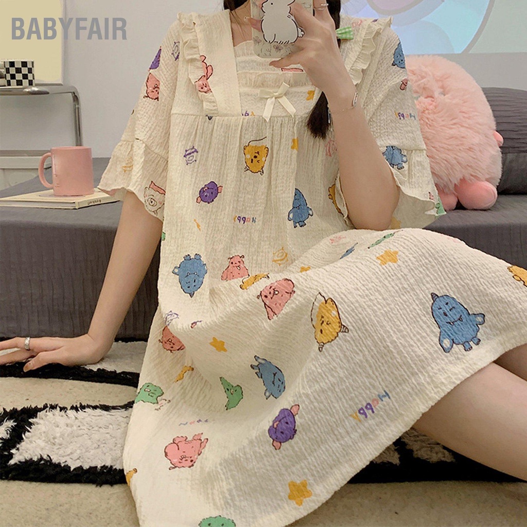 Babyfair Váy Ngủ Họa Tiết Hoạt Hình Dễ Thương Nữ Tay Ngắn Thoải Mái Thoáng Khí Đầm Cho Mùa Hè Ở Nhà