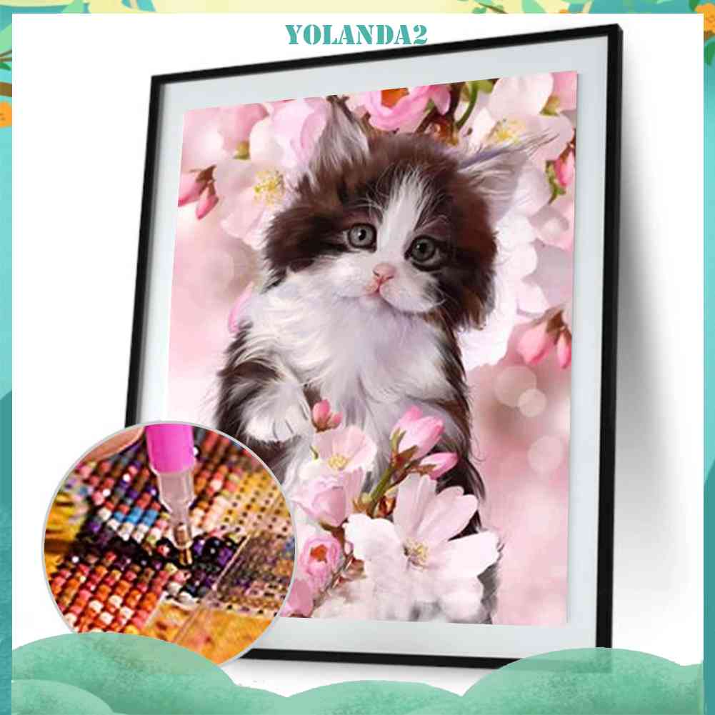 Tranh Thêu Trang Trí Thủ Công 5D Hình Mèo Và Hoa (Mũi Thêu Hình X)