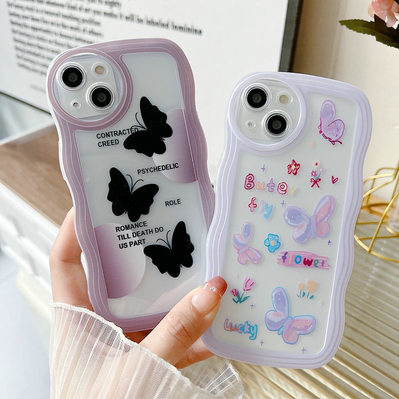 Ốp Điện Thoại Viền Gợn Sóng Họa Tiết Hoa & Bướm Xinh Xắn Cho IPhone 14 13 12 11 Pro Xs Max7 8 6 6S Plus X