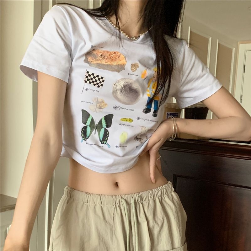 COZOK Áo Thun Croptop Ngắn Tay In Họa Tiết Kiểu Vintage Cá Tính