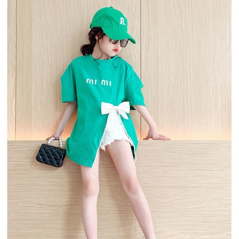 Áo Thun Cotton Mỏng Ngắn Tay Đính Nơ Thời Trang Mùa Hè Cho Bé Gái tặng mũ lưỡi trai