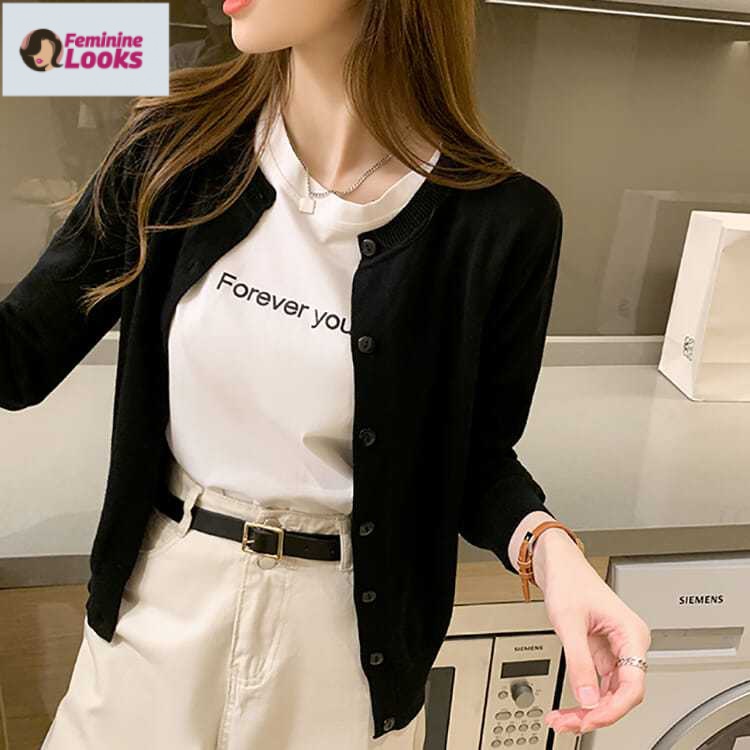 Áo Khoác Cardigan Dệt Kim Mỏng Dáng Ngắn Thời Trang