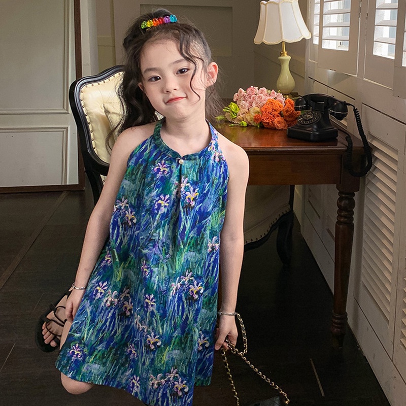 Đầm Hai Dây Đính Ngọc Trai Họa Tiết Tranh Sơn Dầu Thời Trang Mùa Hè Cho Bé Gái 1-6 Tuổi