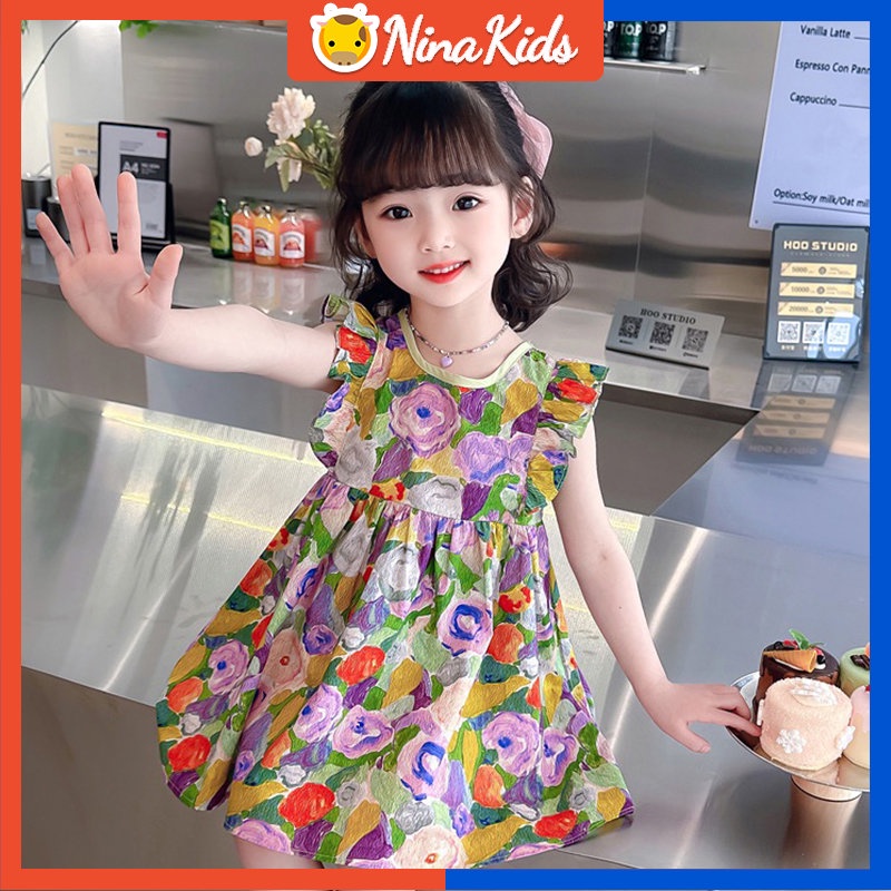 Đầm Công Chúa Mùa Hè Hai Dây Thắt Nơ In Họa Tiết Hoa Ngọt Ngào Cho Bé Gái 1-6 Tuổi