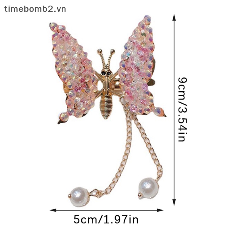 {Timebomb} Kẹp Tóc Hình Bướm Đính Đá Phối Tua Rua Di Chuyển Dành Cho Bé Gái.