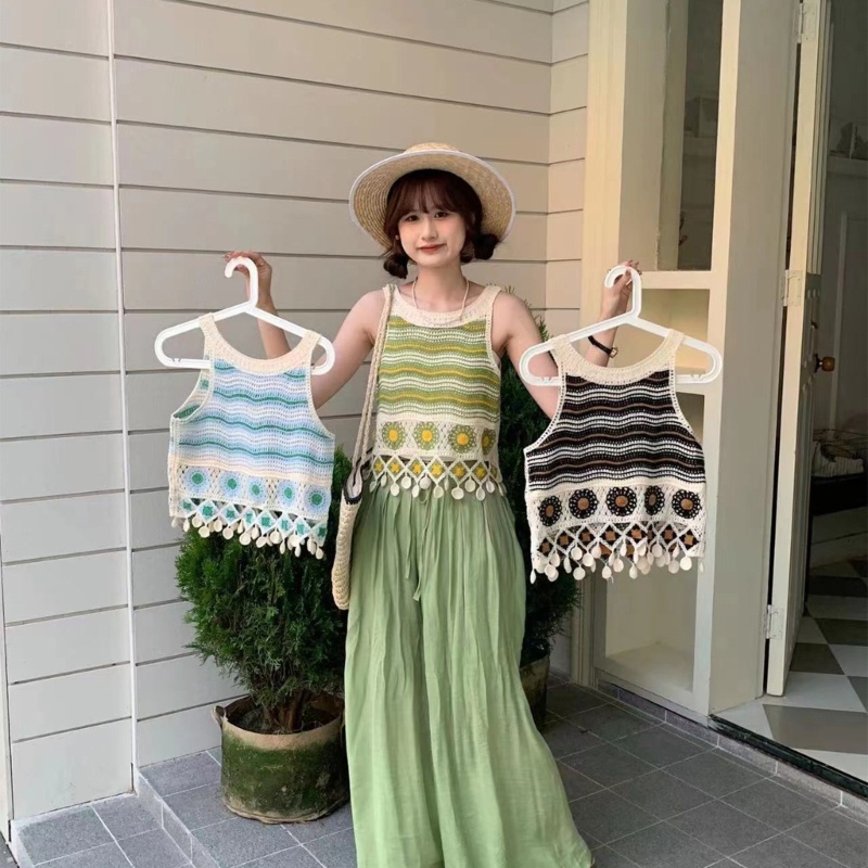 R Áo Không Tay Dệt Kim Dáng Rộng Vừa Vặn Họa Tiết Viền Rỗng Phối Tua Rua Cho Trường Học Hàng Ngày