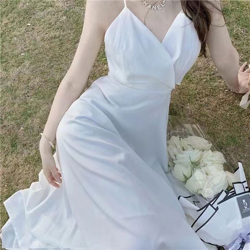 Đầm Hai Dây Hở Lưng Màu Trắng Phong Cách Pháp Cổ Điển Thời Trang Mùa Hè 2023 Mới
