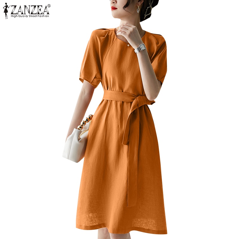 ZANZEA Đầm Midi Tay Ngắn Phồng Cổ Tròn Phối Thắt Lưng Thời Trang Mùa Hè Cho Nữ
