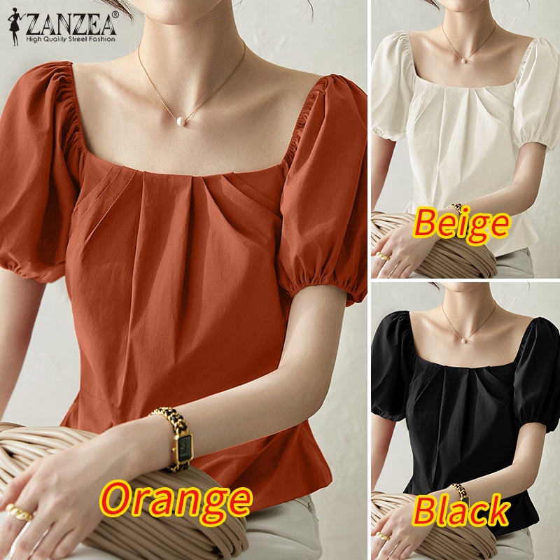 Zanzea Áo Kiểu Tay Phồng Ngắn Cổ Vuông Thời Trang Thanh Lịch Cho Nữ