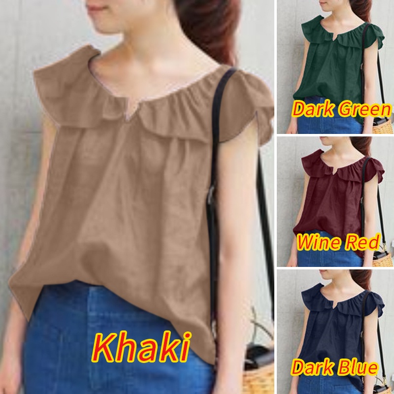 Áo tanktop ZANZEA không tay nhún bèo cổ chữ V phong cách Hàn Quốc cho nữ