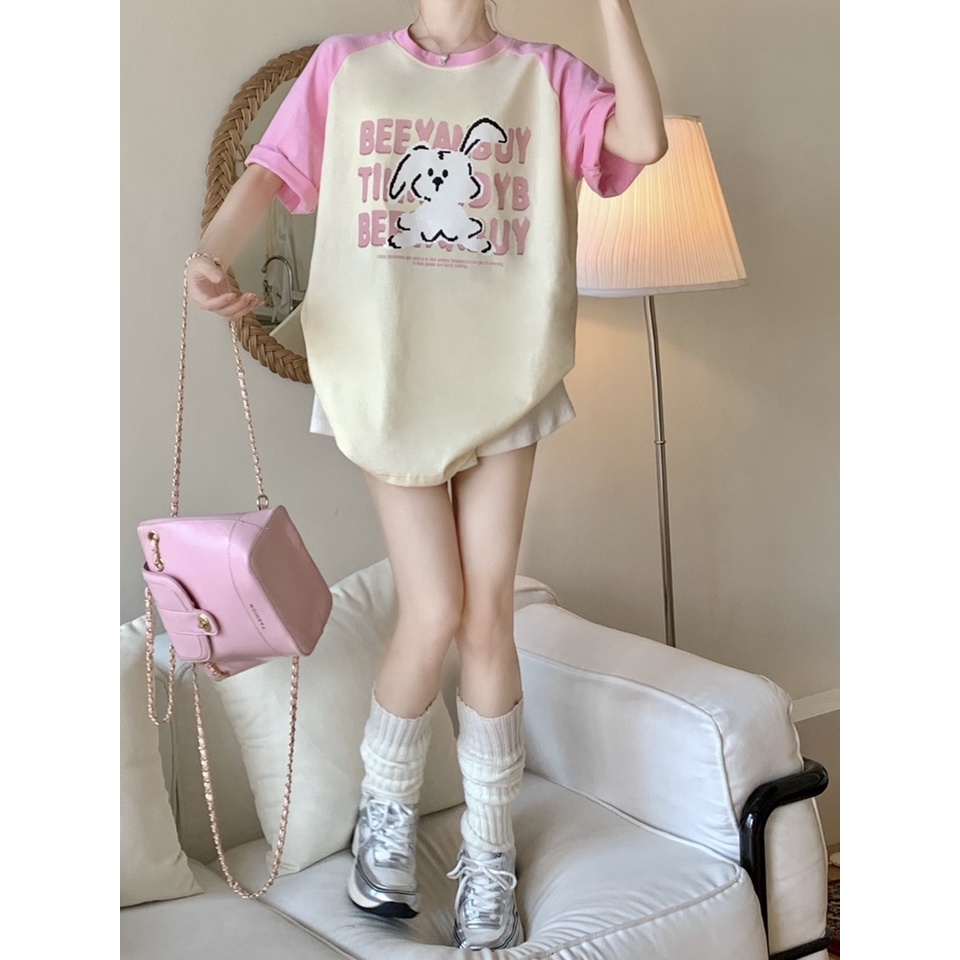 Áo Thun Tay Ngắn Cổ Tròn In Hình Thỏ Nhỏ Dễ Thương Phối Màu Phong Cách Cổ Điển Thời Trang Cho Nữ