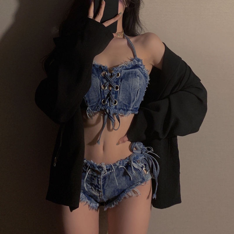 Bộ Đồ Bơi Nâng Ngực Vải Denim Phong Cách Âu Mỹ Quyến Rũ Cho Nữ