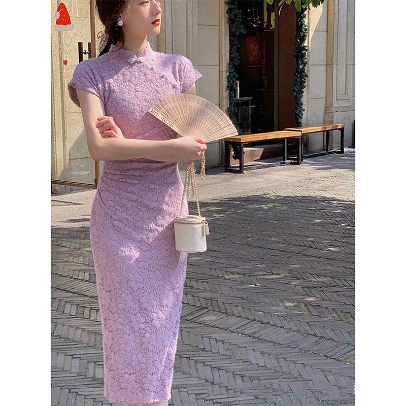 Đầm Sườn Xám Tay Ngắn Dáng Ôm Phối Ren Màu Tím Kiểu Truyền Thống Trung Hoa Dễ Thương