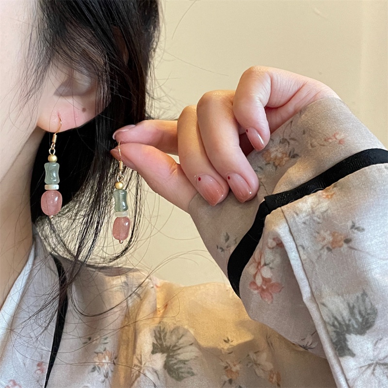 Khuyên Tai Kẹp Vành Tai Bằng Tre Đính Đá Ngọc Bích Phong Cách Trung Hoa Cổ Điển Sang Trọng