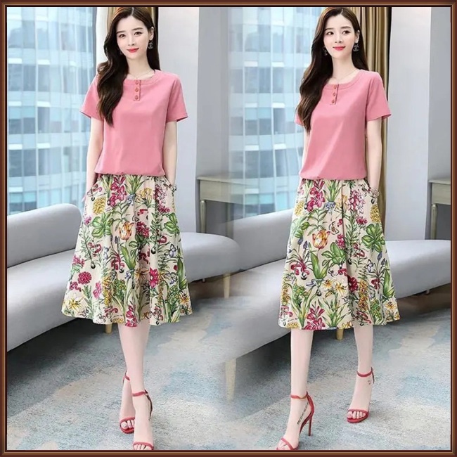 Bộ Trang Phục 2 Mảnh Áo Thun Tay Ngắn Cổ Tròn In Họa Tiết Hoa Phối Chân Váy Midi Thời Trang Cho Nữ