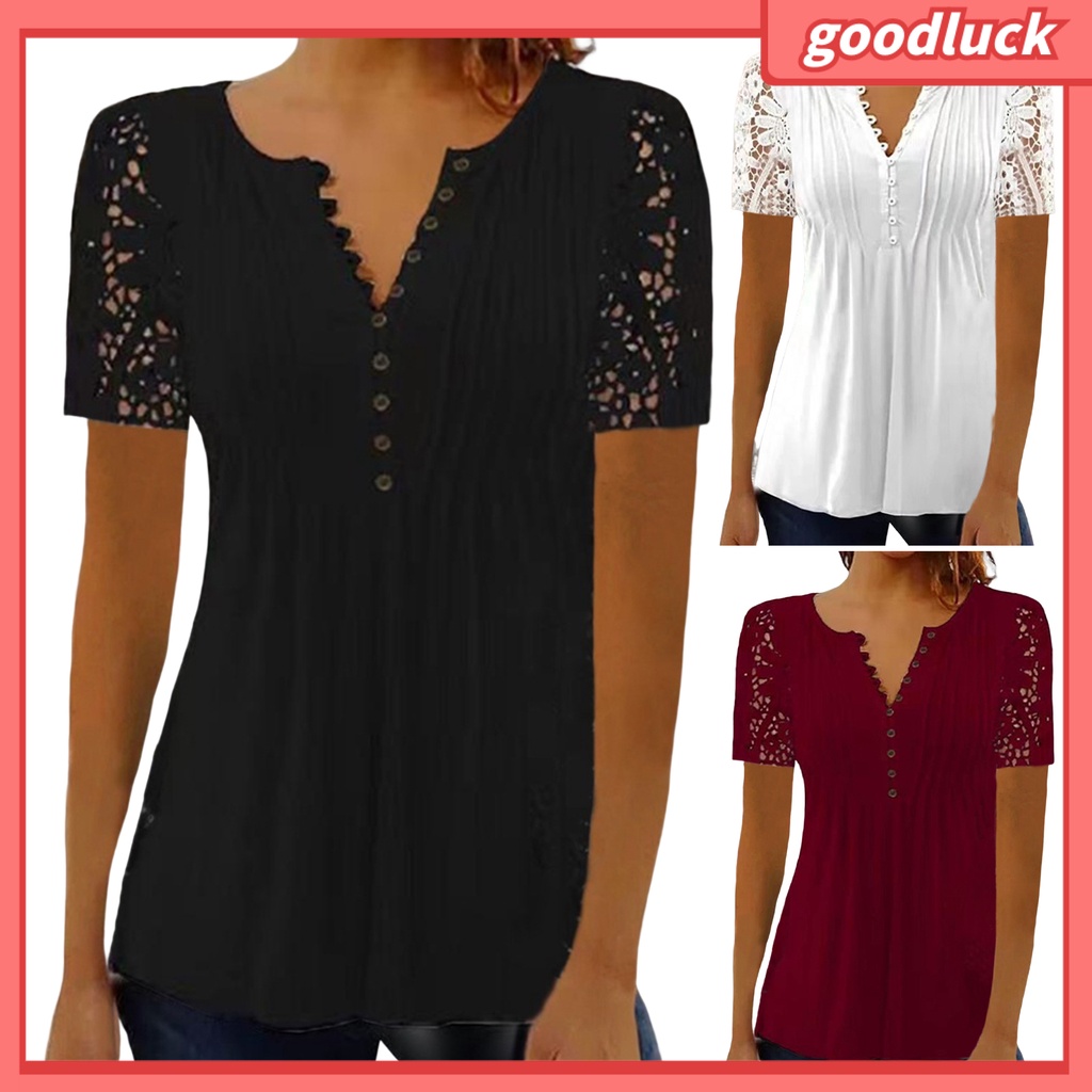 Áo Thun Tay Ngắn Cổ Chữ V Màu Trơn Phối Ren Lưới Xuyên Thấu Thời Trang Mùa Hè Cho Nữ