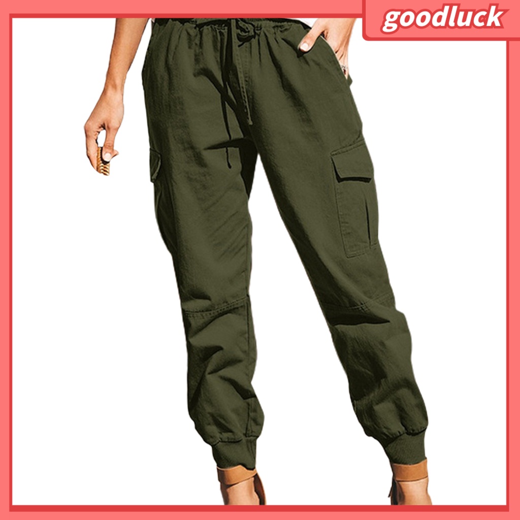 Quần Dài Lưng Thun Phối Dây Rút Nhiều Túi Phong Cách Đường Phố Cá Tính Cho Nữ