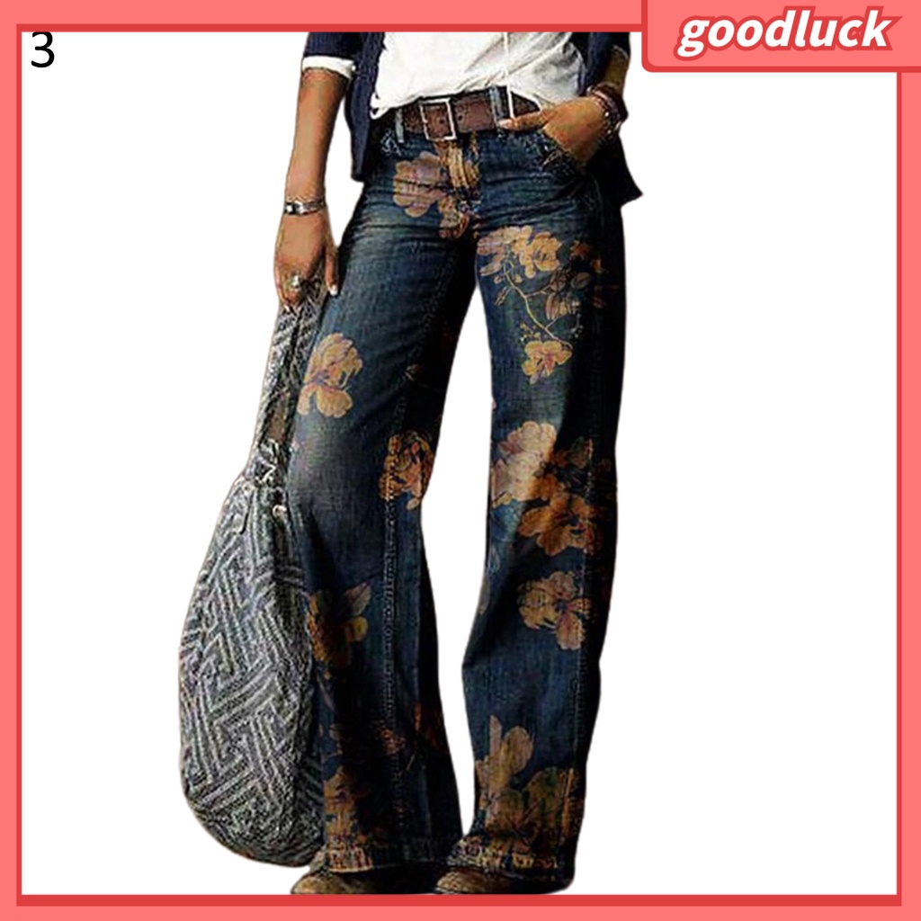 Quần Jean Dài Ống Rộng Lưng Cao In Họa Tiết Hoa Phong Cách Cổ Điển Thời Trang Cho Nữ