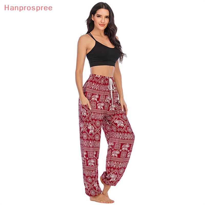 Hanprospree > Quần Harem Đi Biển Dáng Rộng Vừa Vặn Thiết Kế Hình Chú Voi Đỏ Phong Cách Hippie Dành Cho Nữ