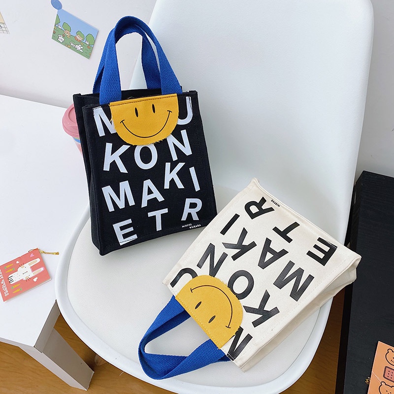 Túi Đựng Hộp Cơm Trưa Xách Tay Vải Bố In Hình Mặt Cười Nhỏ Nhắn Thời Trang 2023 18X