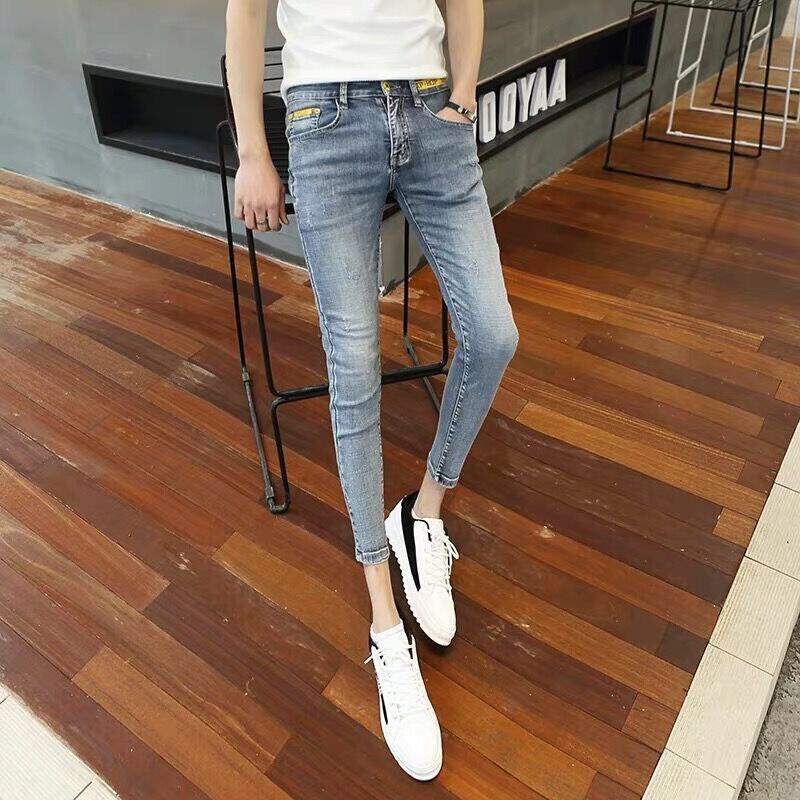 Quần Jean Dài Ôm Chân Phối Rách Kiểu Hàn Quốc Cá Tính Cho Nam