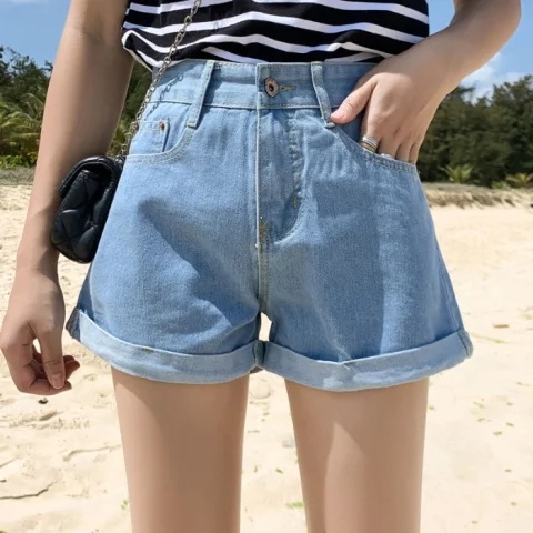 NZN Quần short Jean Nữ Lưng Cao Ống Rộng Màu Sắc Đơn Giản