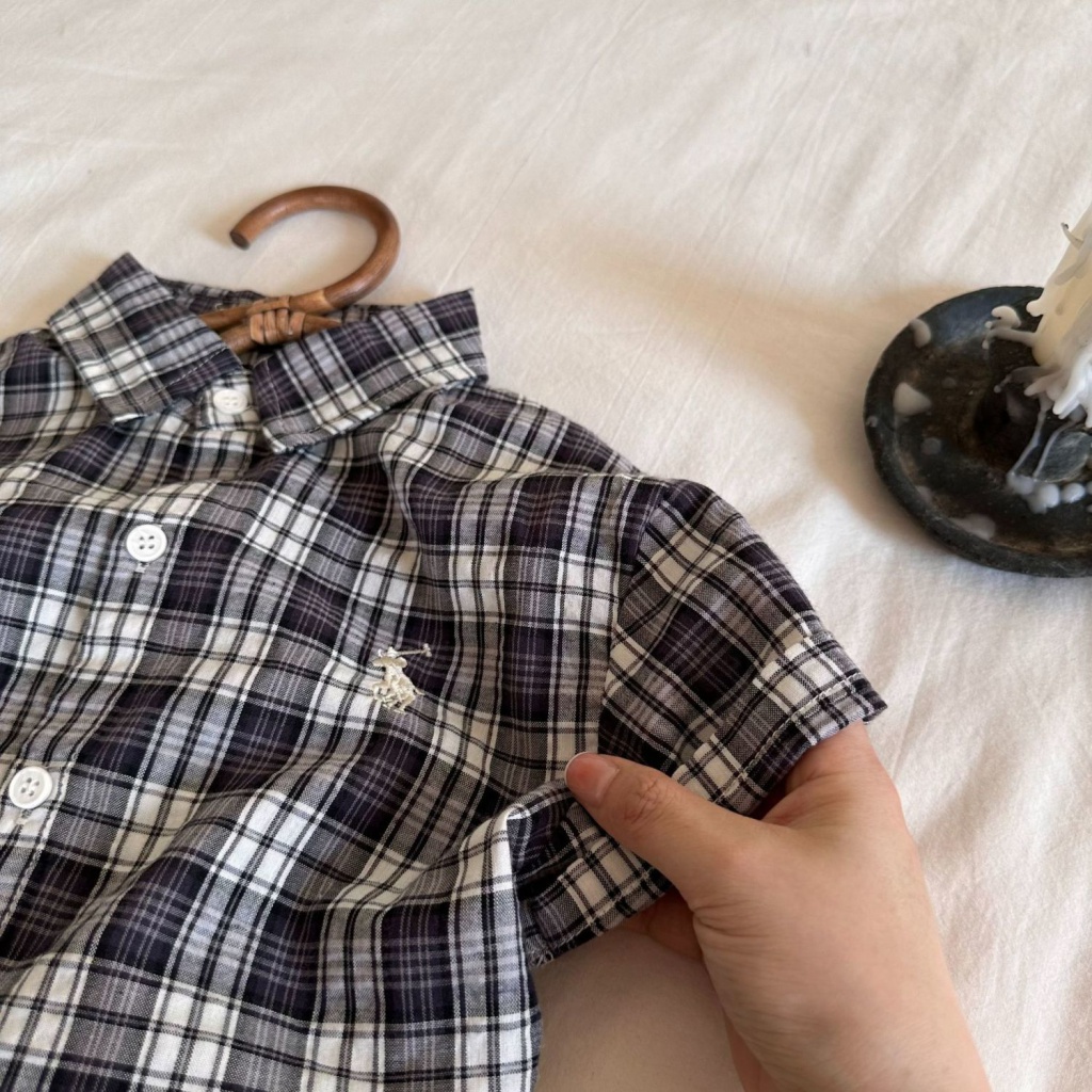 Áo Sơ Mi Ngắn Tay Thêu Họa Tiết Caro Thời Trang Mùa Hè Hàn Quốc Mới Cho Bé Trai Và Gái