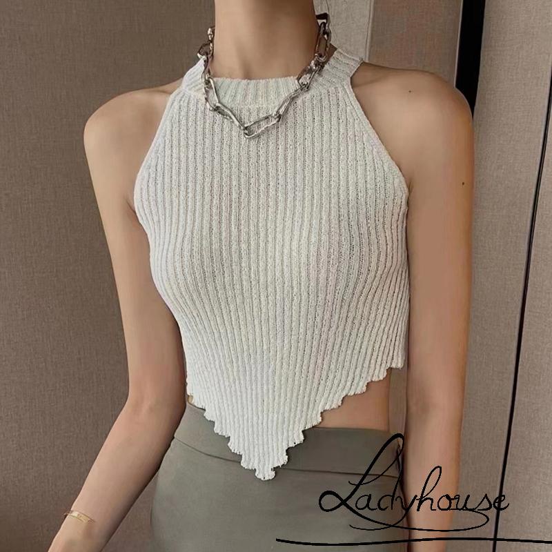 Áo Croptop Dệt Kim Không Tay Màu Sắc Đơn Giản Cho Nữ