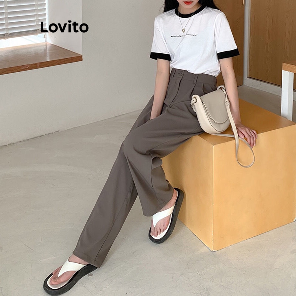 Quần Lovito ống suông lưng cao màu trơn thường ngày dành cho nữ LNA04126 (màu nâu)