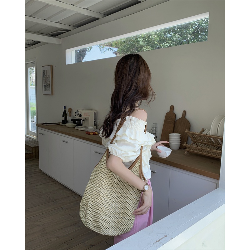 Áo Kiểu Trễ Vai Cổ Chữ V Phong Cách Hàn Quốc Ngọt Ngào Thời Trang Mùa Hè Cho Nữ