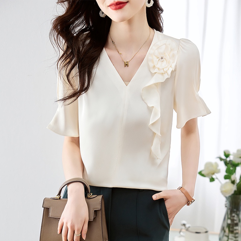Áo Sơ Mi Chiffon Tay Ngắn Cổ Chữ V Đính Hạt Thời Trang Mùa Hè 2023 Cho Nữ
