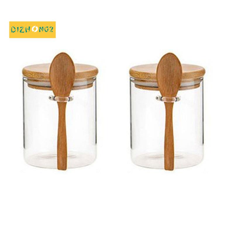 Set 2 Hũ Đựng Đường Có Nắp Tre Và Muỗng Bằng Thủy Tinh Trong Suốt Cho Nhà Bếp