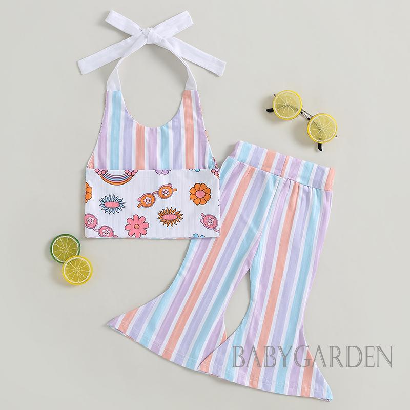 Bộ Áo Cổ Yếm In Hoa / Chữ + Quần Ống Loe Co Giãn Thời Trang Mùa Hè Cho Bé Gái 6 Tháng-4 Tuổi