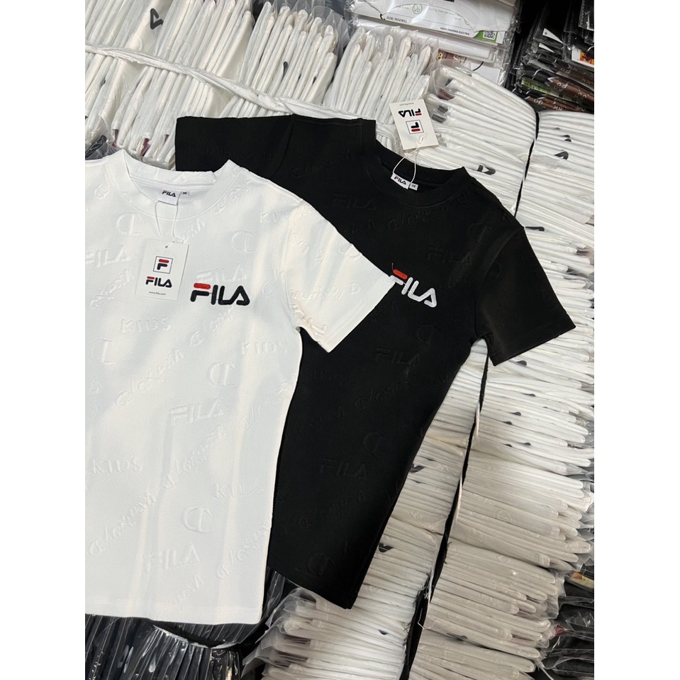 Áo Thun Nam Tay Ngắn Cổ Tròn Dập Vân Nổi Hoa Văn Thêu Chữ Fila, Chất Thun Cotton
