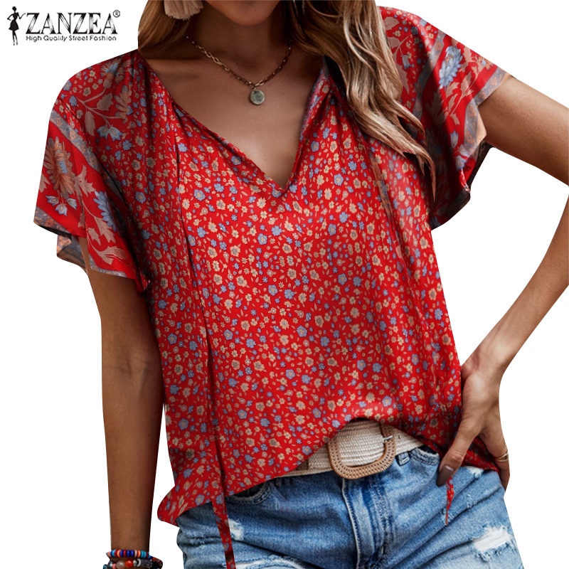 Áo kiểu nữ ZANZEA cổ V tay xếp nếp in hoa thời trang