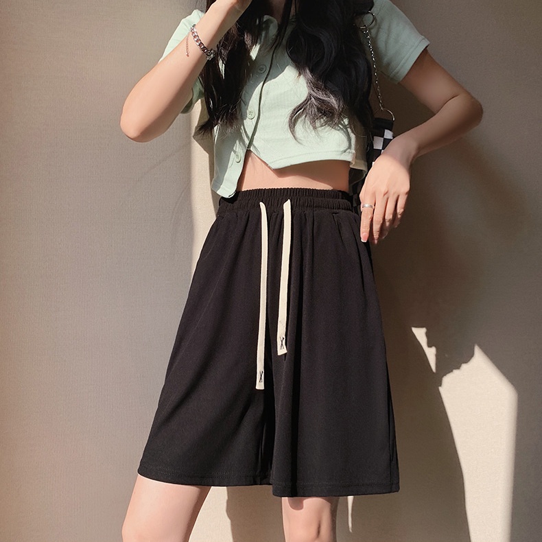 Quần Short Thể Thao Bằng Lụa Lạnh Dáng Rộng Dài Đến Đầu Gối Phong Cách Mỹ Cho Nữ