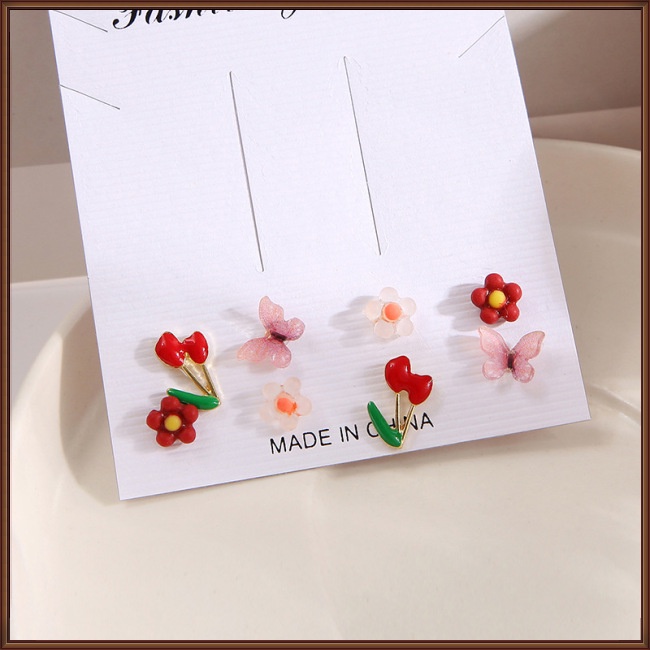 Set 6 / 8 Đôi Bông Tai Hình Hoa / Bướm / Trái Cây Nhiều Màu Sắc Thời Trang Cho Nữ