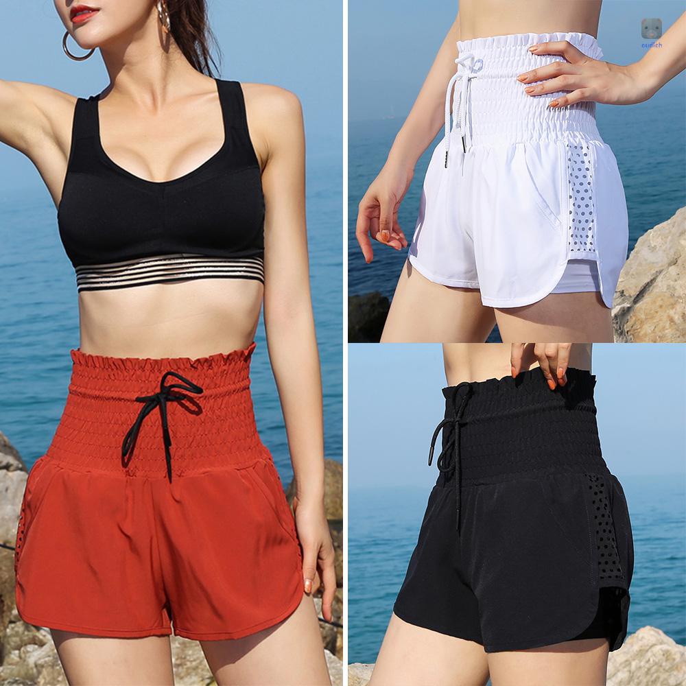 Quần Short Thể Thao 2 Trong 1 Lưng Cao Khô Thoáng Phối Dây Rút Thời Trang Cho Nữ